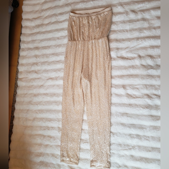 Susana Monaco Creme Sequin Strapless Tube Straight Leg Jumpsuit - Picture 4 of 6